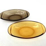 Set of 5 small oval eared dishes in amber and smoked tempered glass