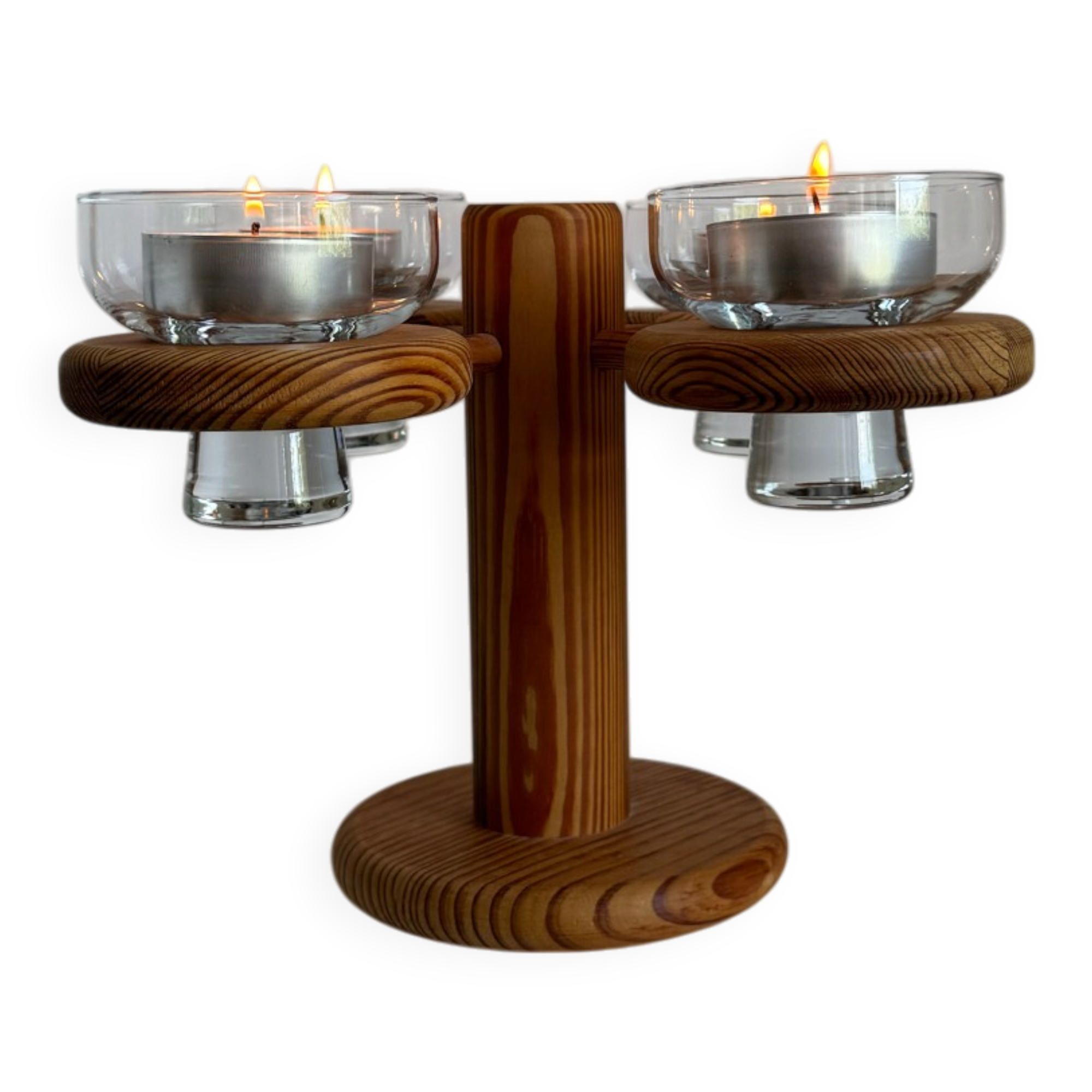 Vintage Mid Century Large Wood Candelabra With Four Glass Cups