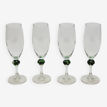 4 flûtes a champagne vintage luminarc en verre avec boule verte style murano