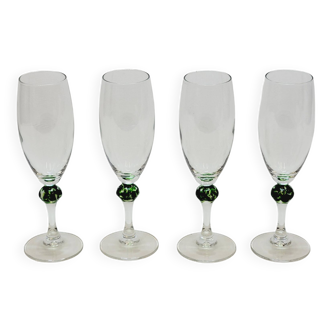 4 flûtes a champagne vintage luminarc en verre avec boule verte style murano