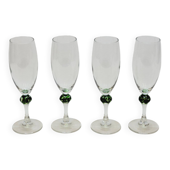 4 vintage luminarc glass champagne flutes with green ball murano style