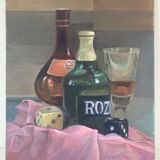 Still life with bottles and dice, signed acrylic on canvas, modern school