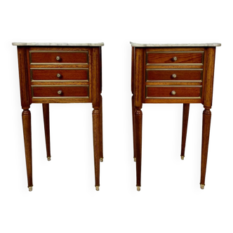 Pair of Louis XVI mahogany bedside tables with white marble top