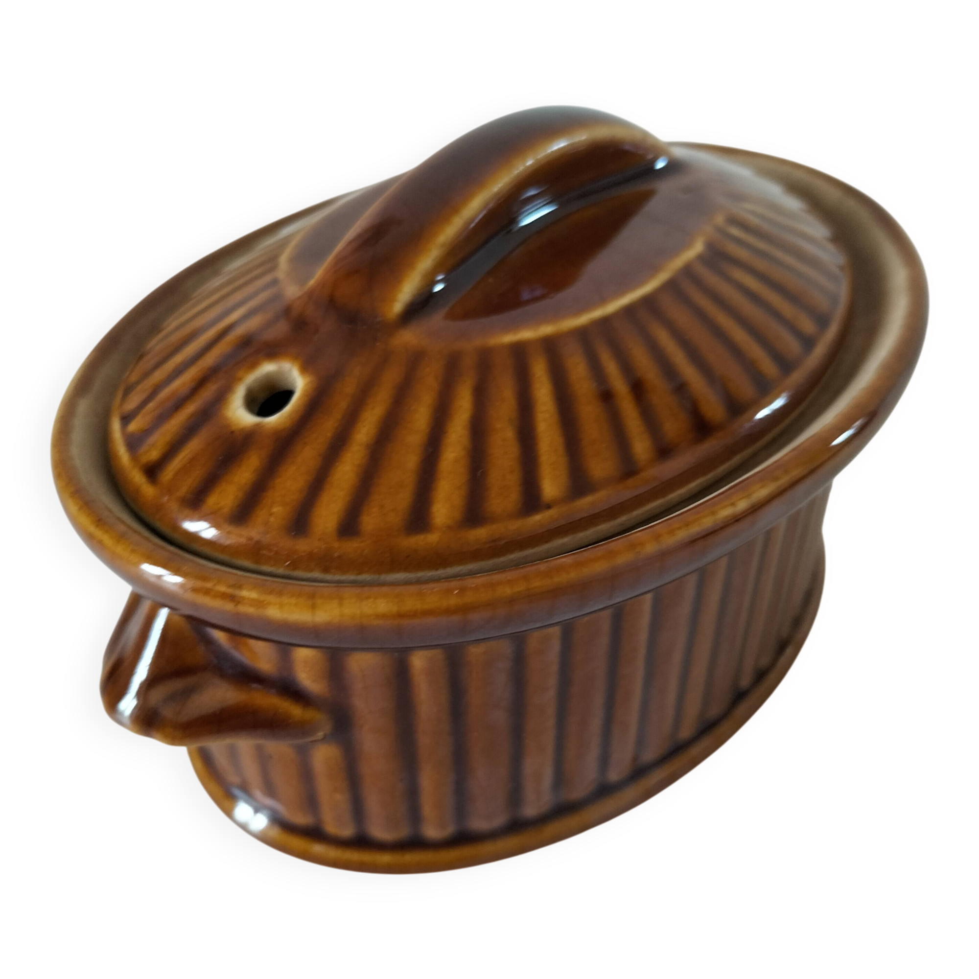 Small vintage oval terrine in caramel ceramic