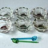 6 salerons anciens en verre et 2 cuillères en verre, années 1920