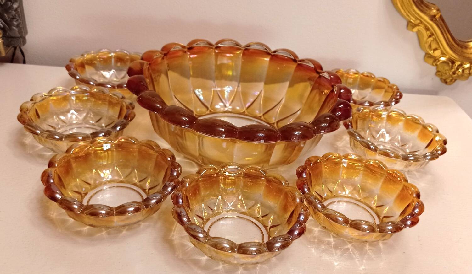 Vintage salad bowl service and 8 iridescent glass cups