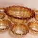 Vintage salad bowl service and 8 iridescent glass cups