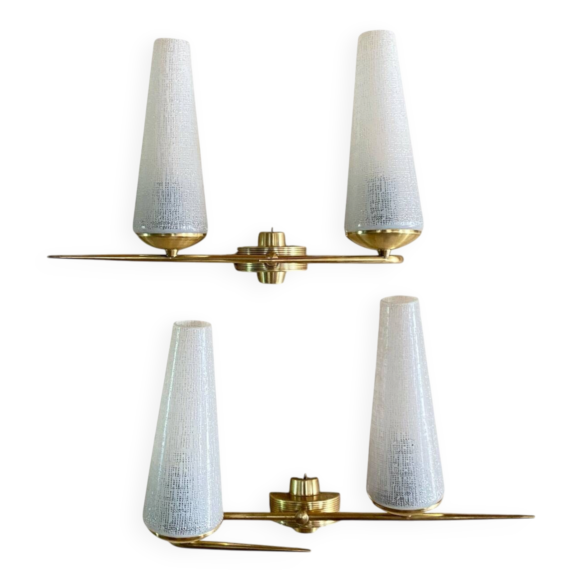 Pair of vintage double wall lights in brass with white ribbed glass tulips.