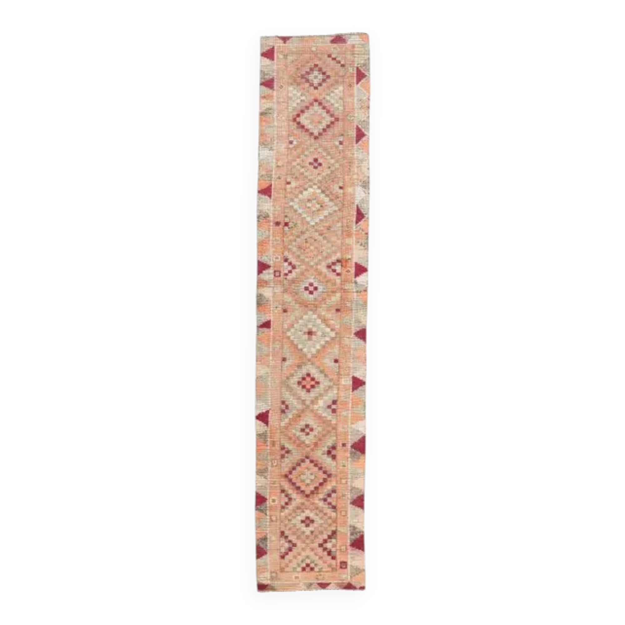2'5x12'8 Vintage Orange Geometric Turkish Hand-Knotted Runner Rug 77x390