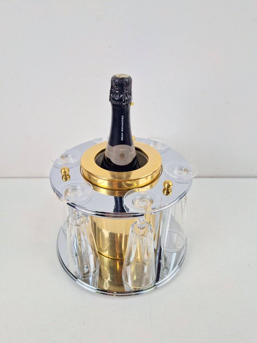 Brass Champagne Cooler with Glass Holder and Crystal flutes by Hans Turnwald for Freddotherm, Germany, 1960s, Set of 7