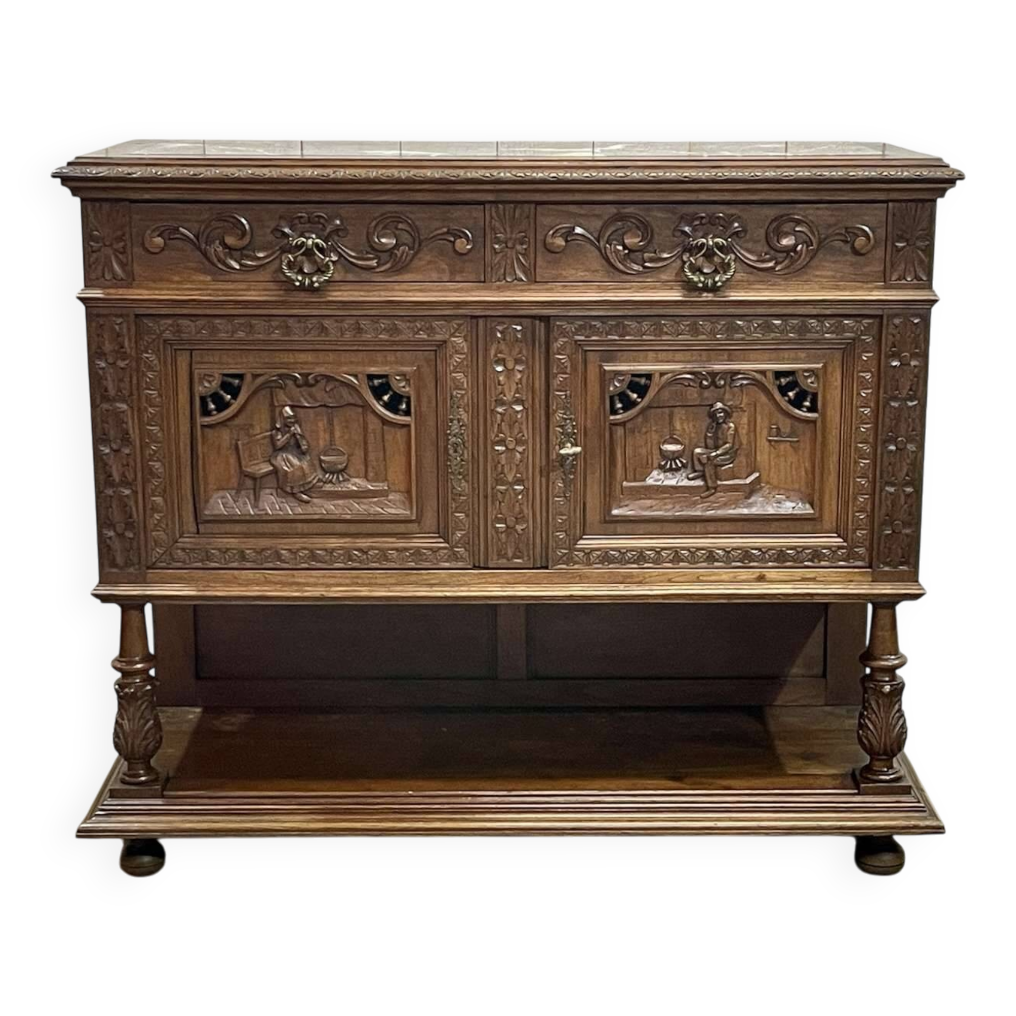 Early 20th century Breton oak serving trolley with a marble top