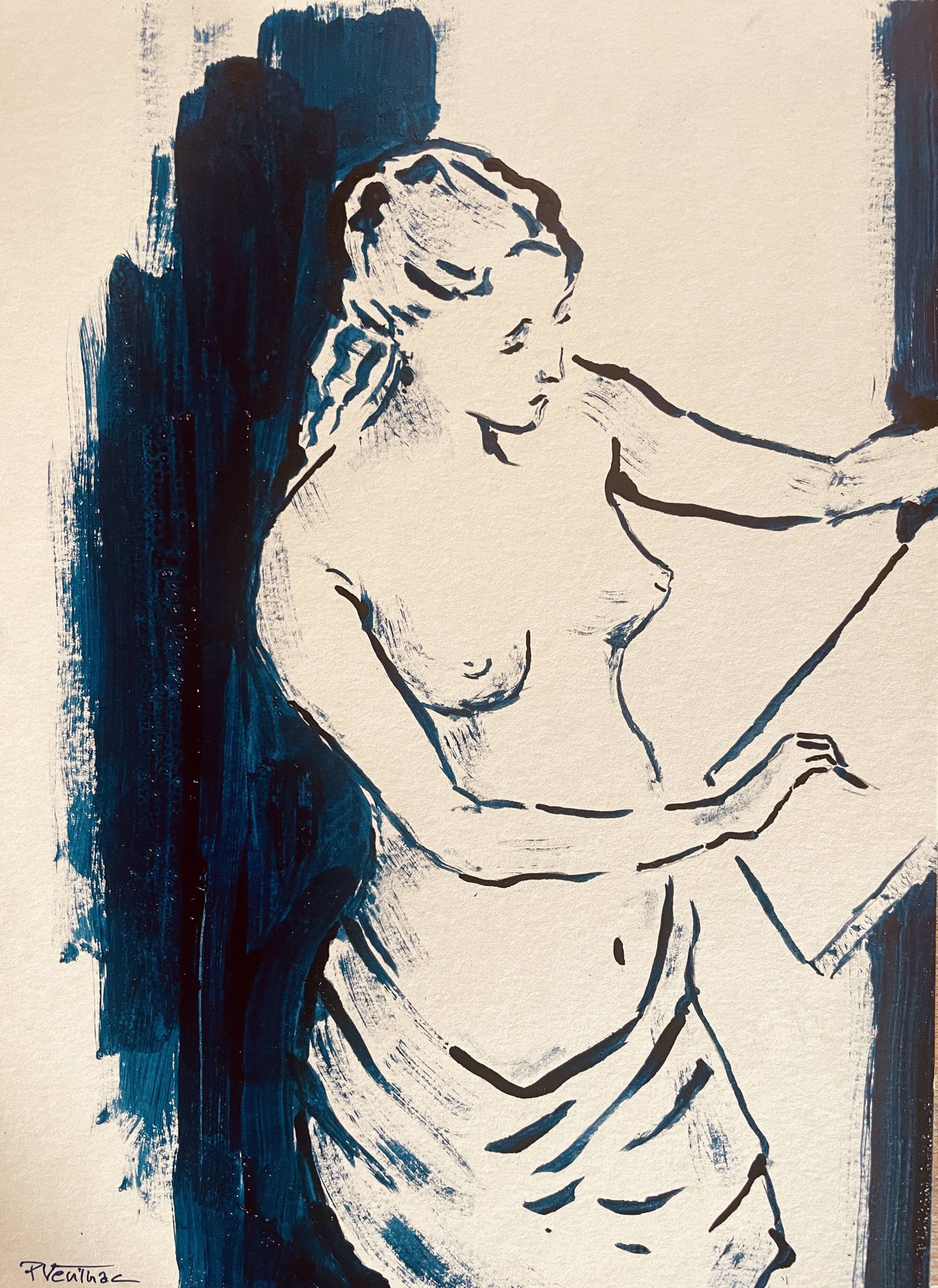 Painting in indigo blue "female model drawing in the studio"