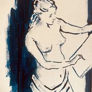 Painting in indigo blue "female model drawing in the studio"