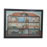 Illustration/ Affiche ancienne d'une maison en coupe, encadrée. Vintage. Années 60' 1960