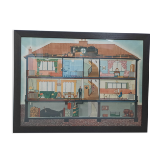 Illustration/ Old poster of a house in cut, framed. Vintage. 60's 1960s