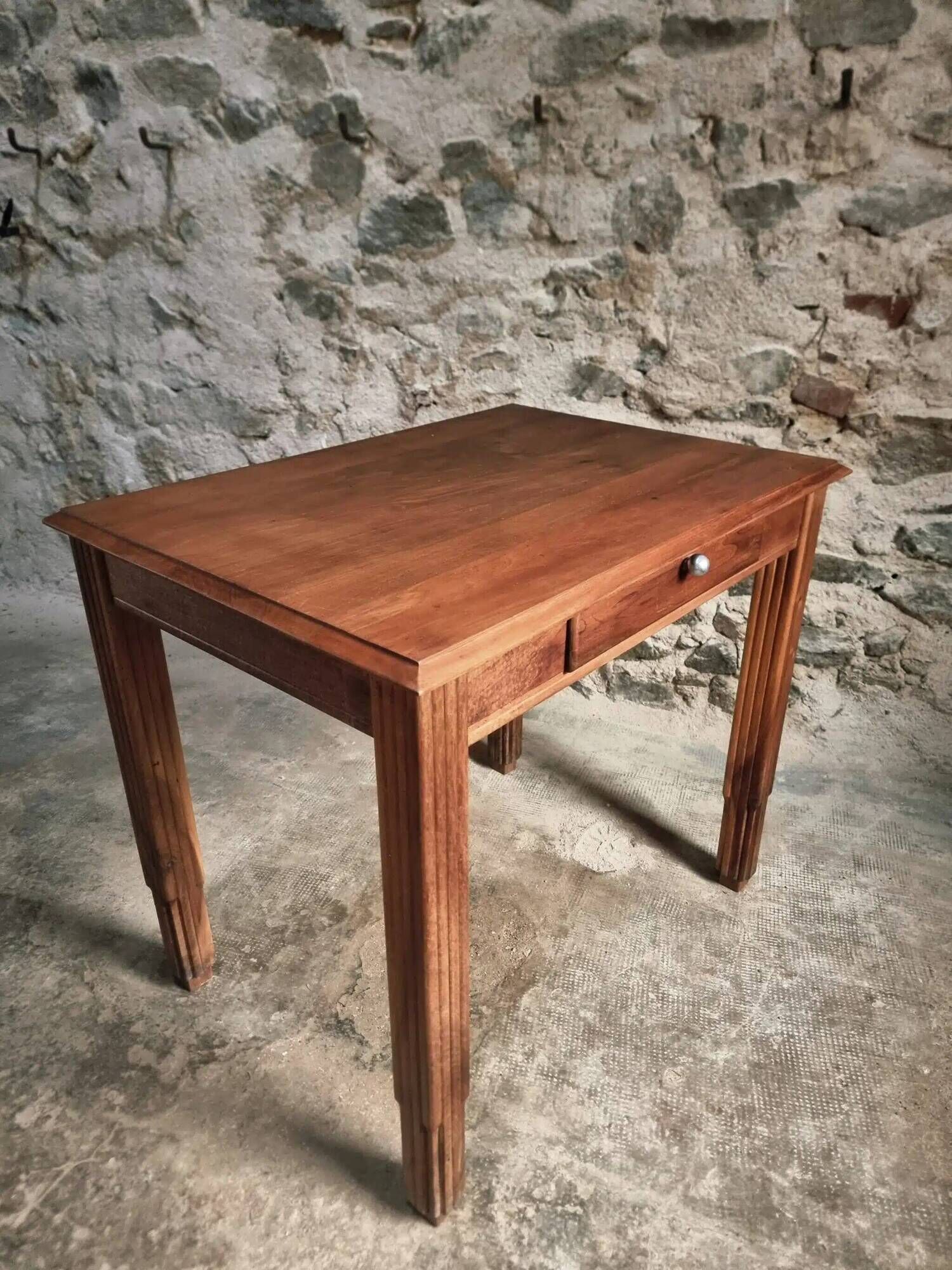 Vintage French walnut writing desk, 1950s Art Deco style, table with drawer, compact desk or side table