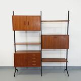 Italian bookcase vintage modular double shelf in teak and metal from the 60s