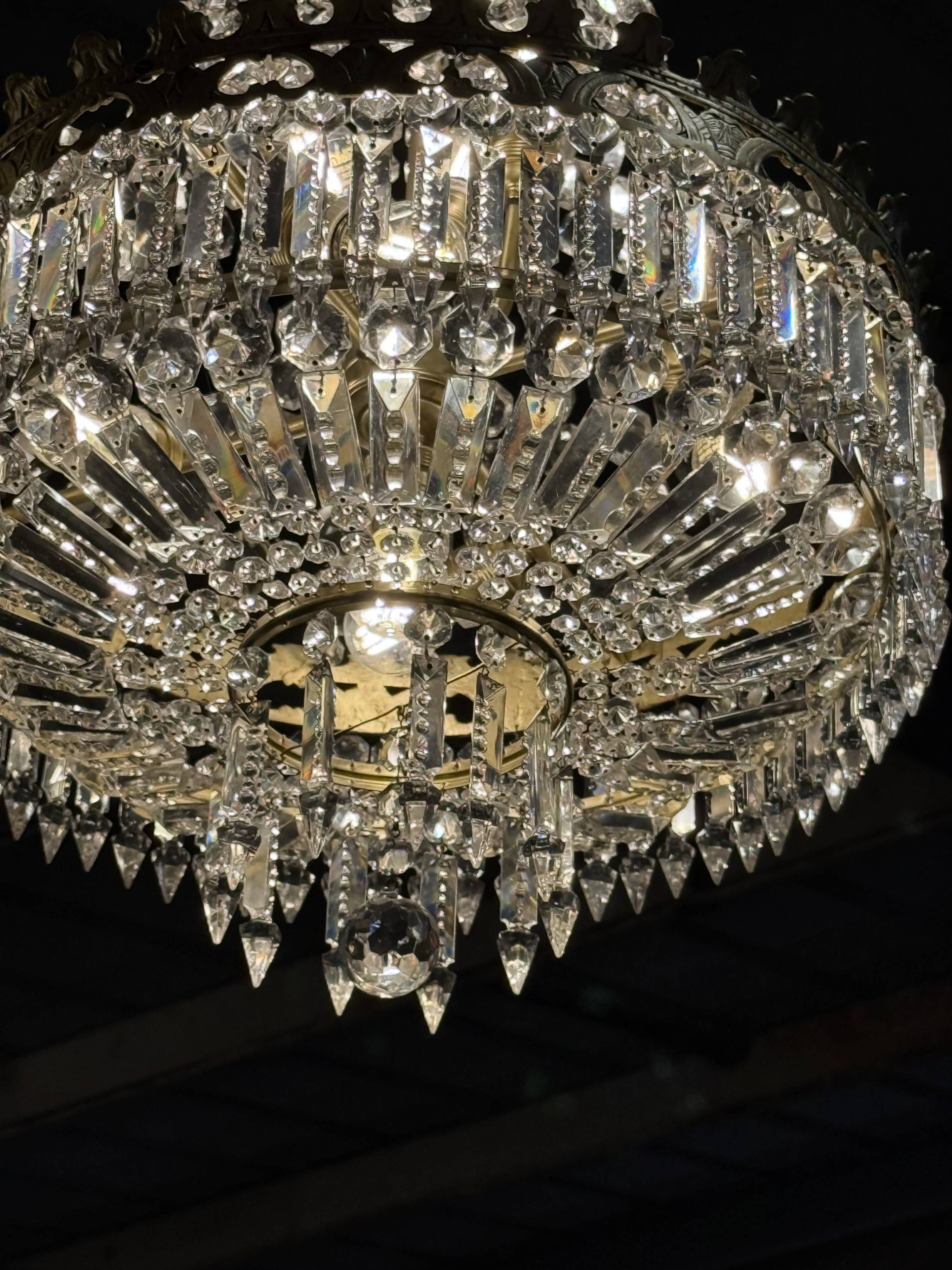 Crystal and gilded bronze basket chandelier with pendants - 90 / 50cm