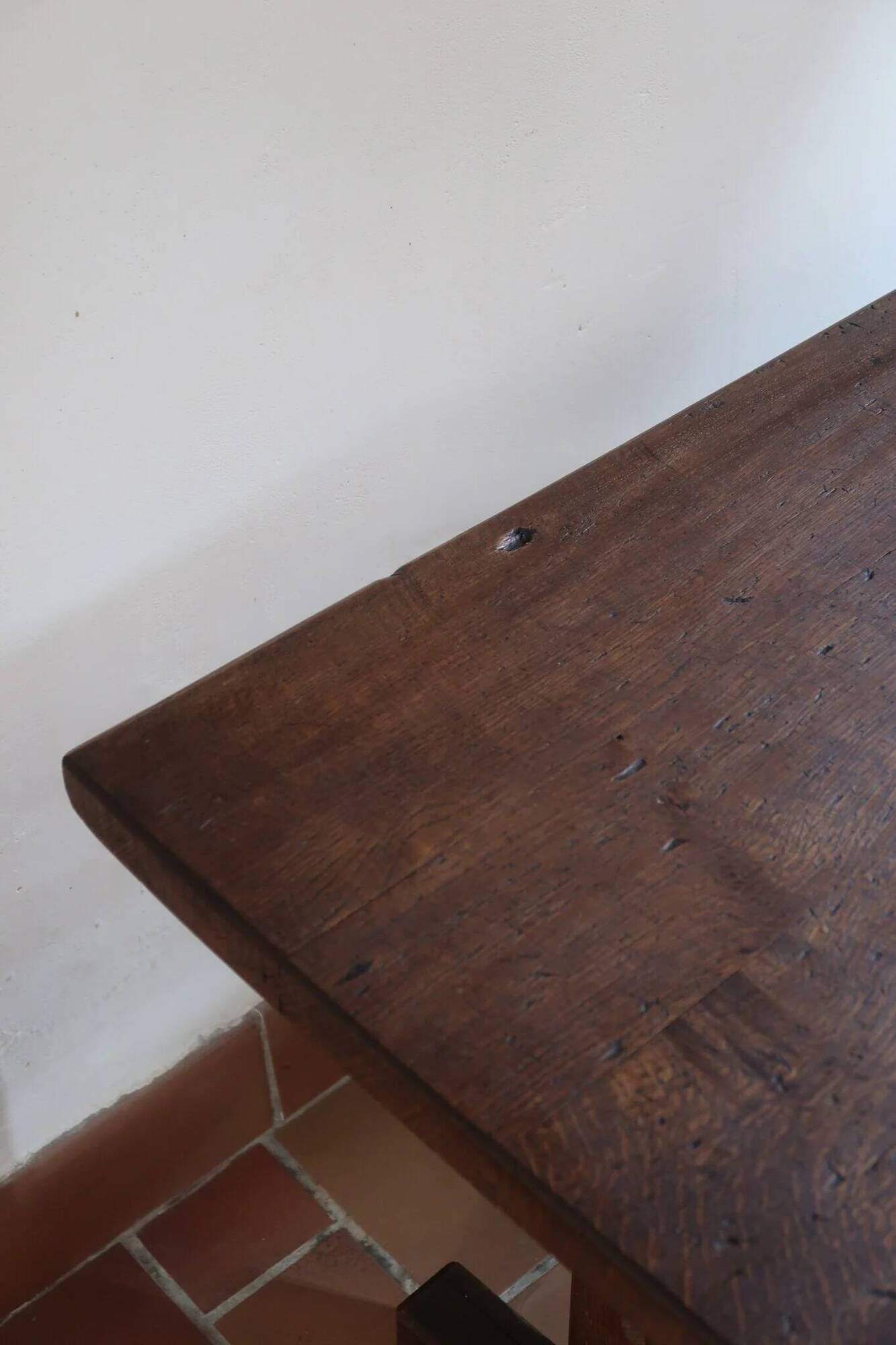 Solid oak coffee table, key stretcher, 1950s.