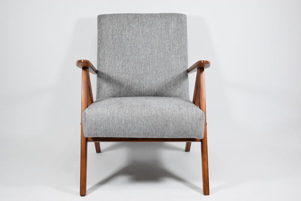 Fauteuil vintage Compas, années 1960, restauré, tissu gris, teck