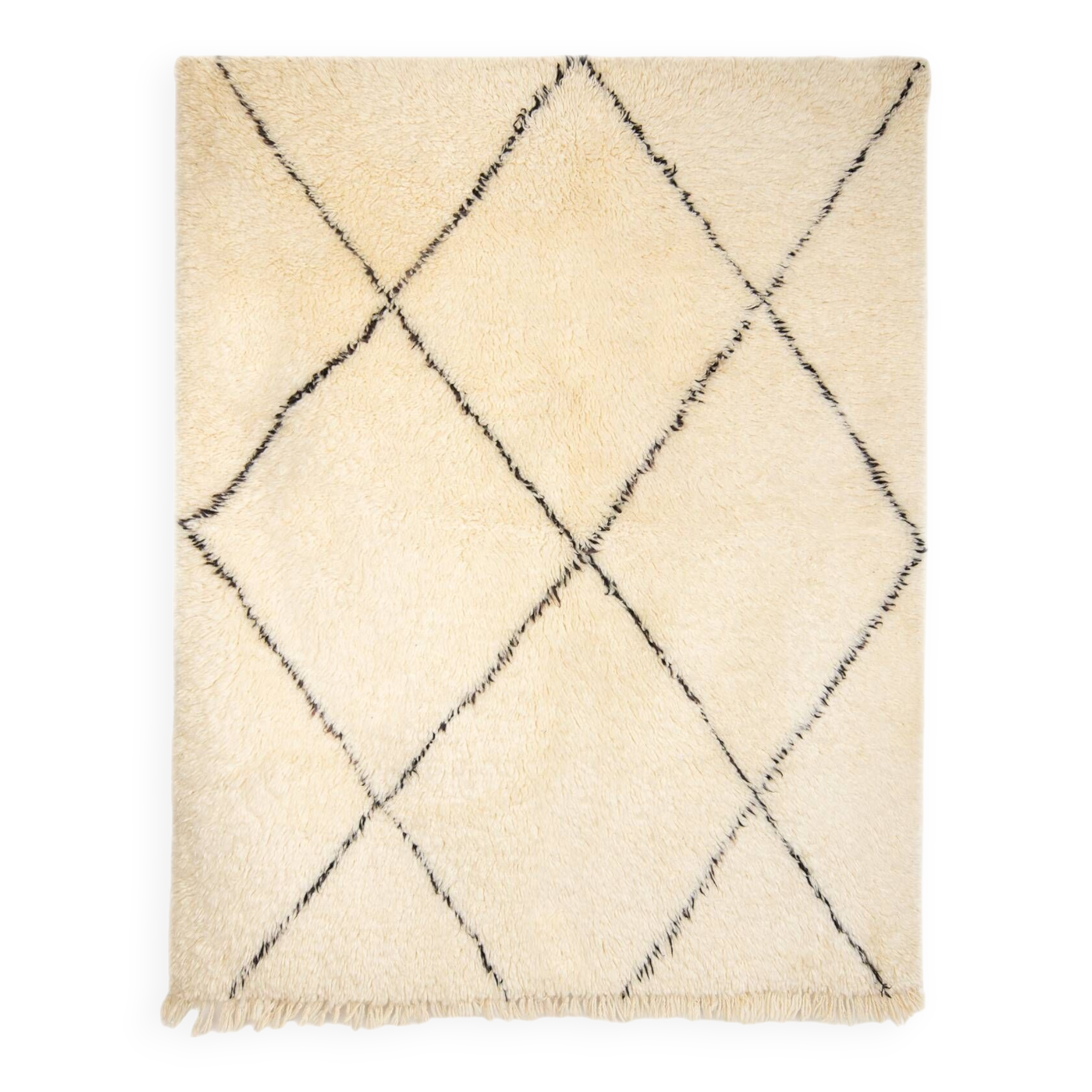Tapis berbere beni ourain ecru avec losanges noirs 200 x 155 cm