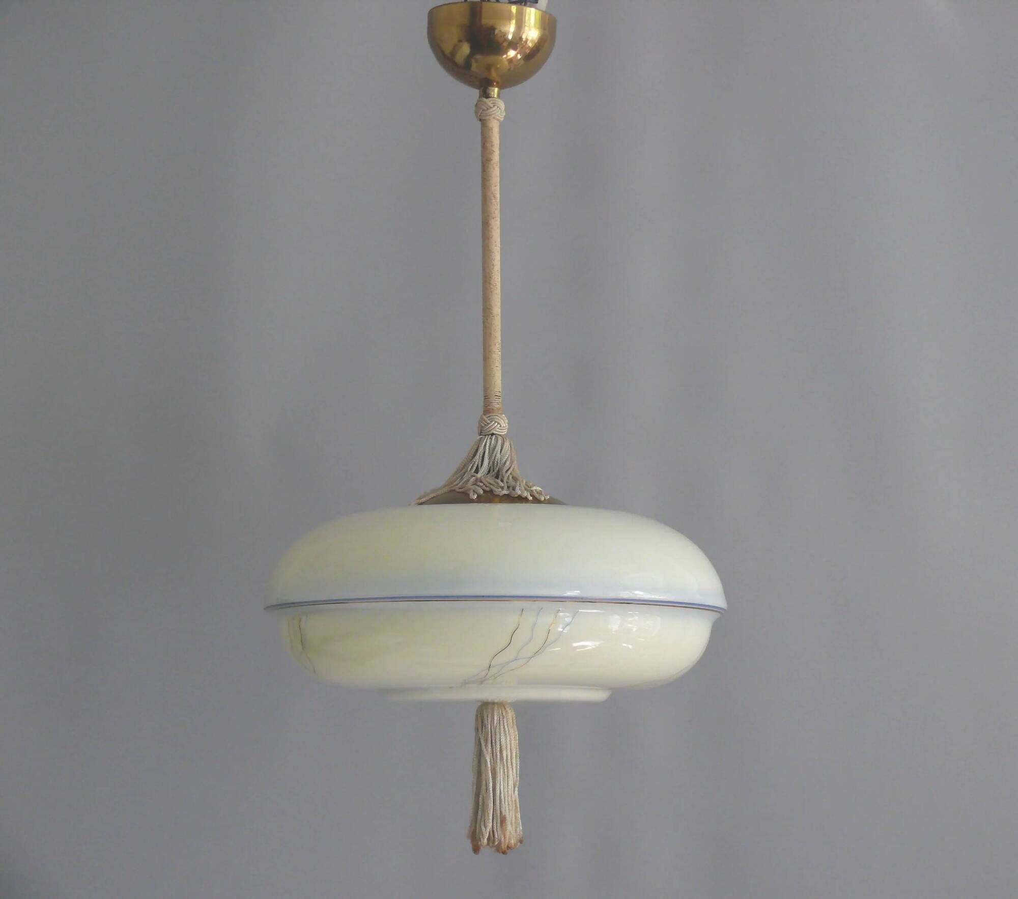 Art Deco rod pendant lamp with brass suspension and decorative glass shade