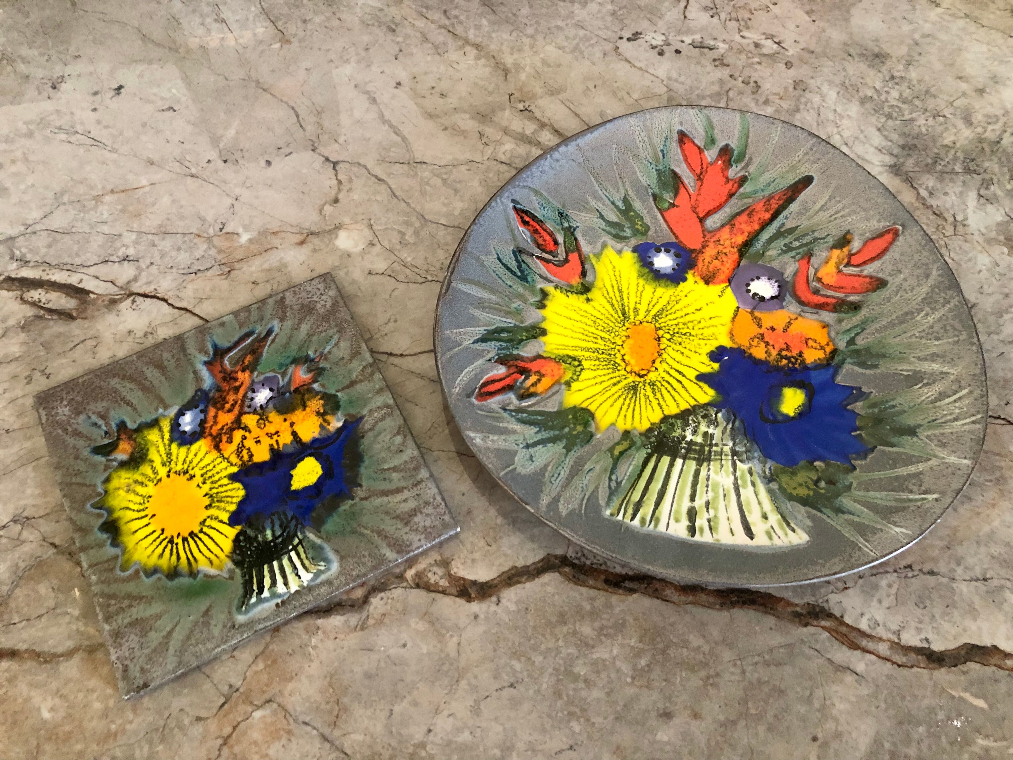 Matching biscuit earthenware dish and tile