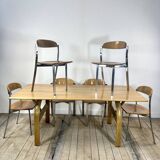 Vintage 1980s oak and chrome dining table + 6 chairs.