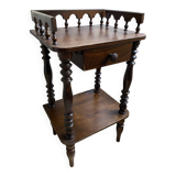 Nightstand, turned wooden bedside table opening with a drawer, vintage telephone table.