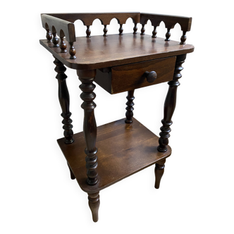 Nightstand, turned wooden bedside table opening with a drawer, vintage telephone table.
