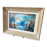 Chiaroscuro landscape painting signed ROLL, oil on cardboard, framed