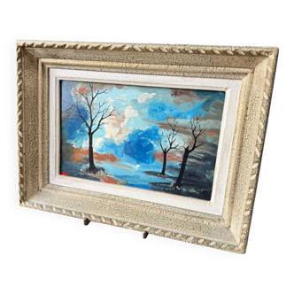 Chiaroscuro landscape painting signed ROLL, oil on cardboard, framed