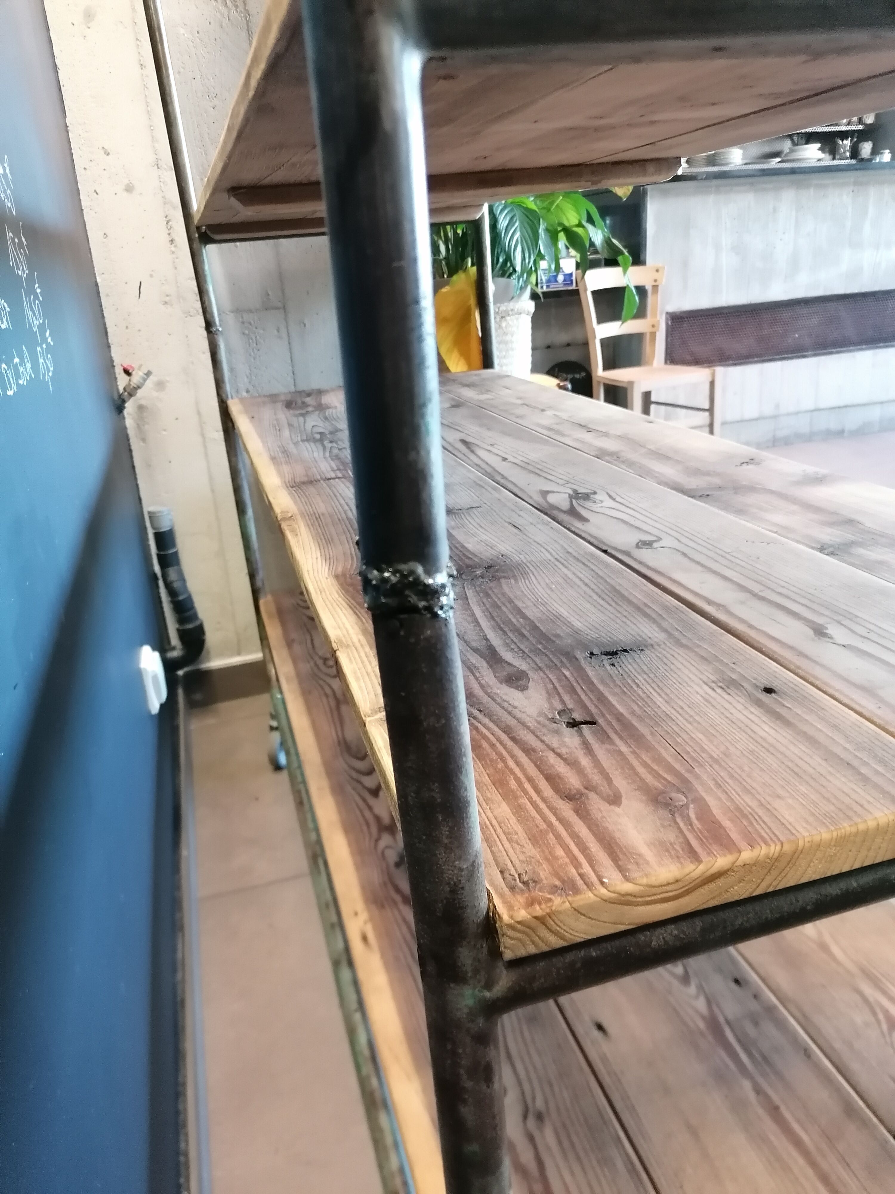 Steel and wooden shelf on wheels