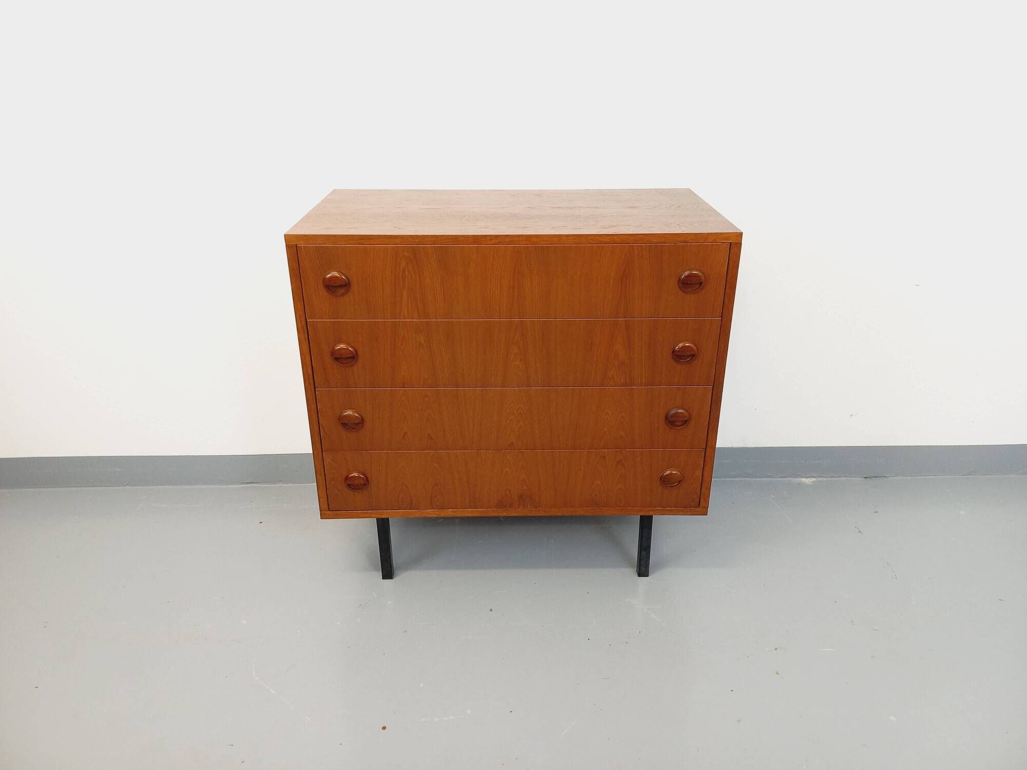 Vintage Scandinavian style chest of drawers in teak and black metal from the 60s