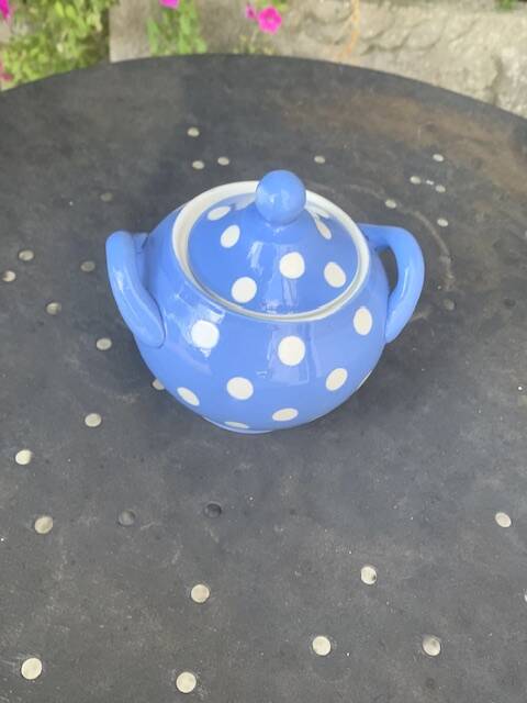 Lavender blue earthenware tea service with white polka dots from Digoin Sarreguemines.