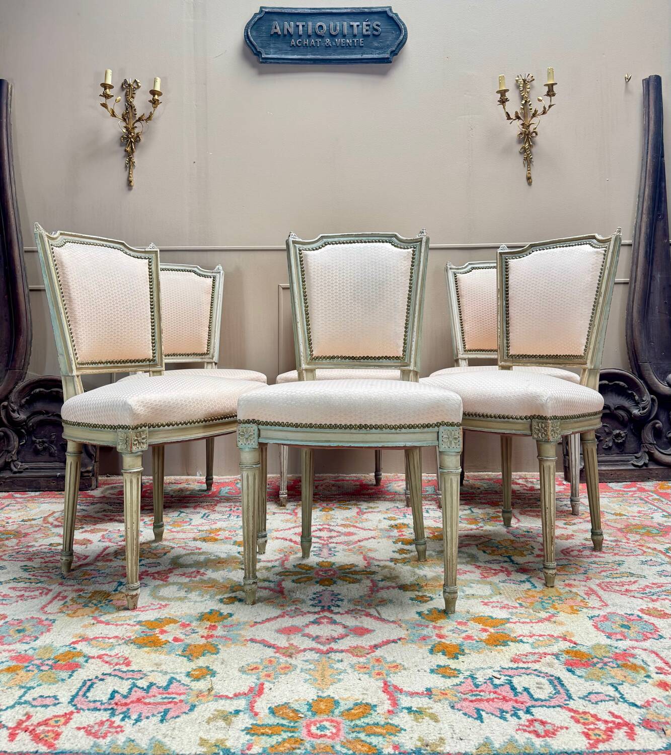Set of Six Louis XVI Style Lacquered Wood Chairs, 19th Century