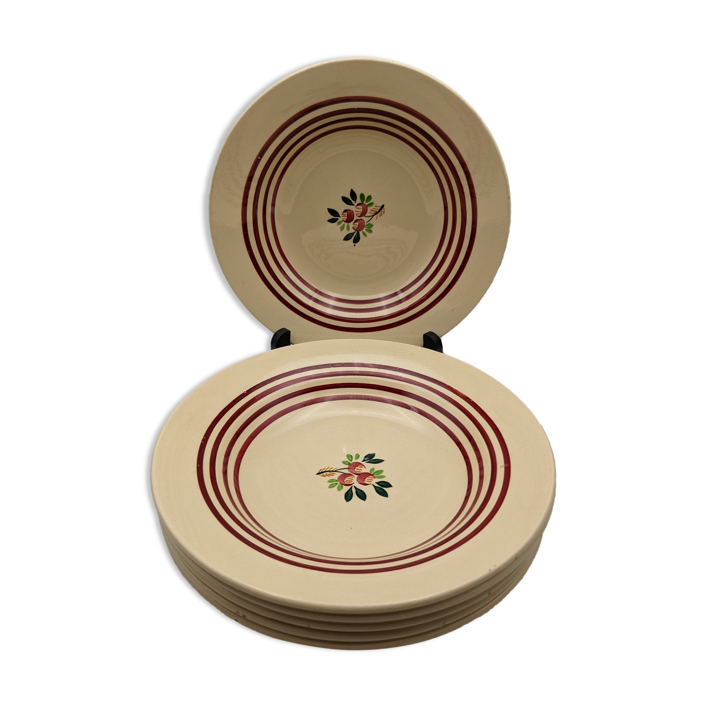 Lot of 6 hollow plates gien france beige color red border flower decoration