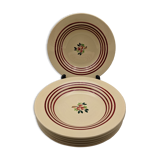 Lot de 6 assiettes creuses gien france couleur beige liseré rouge décor fleur