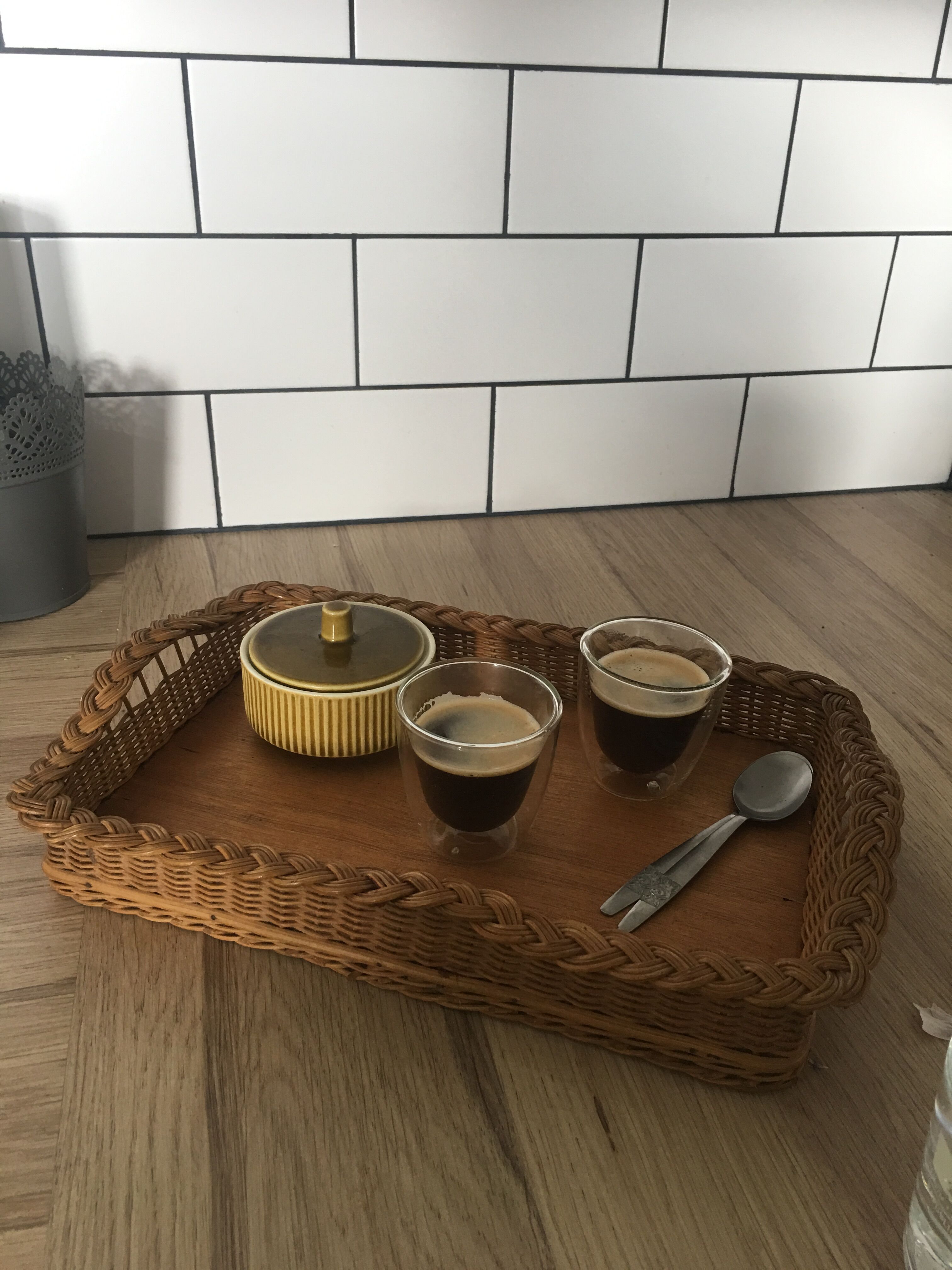 Vintage wicker and wood tray