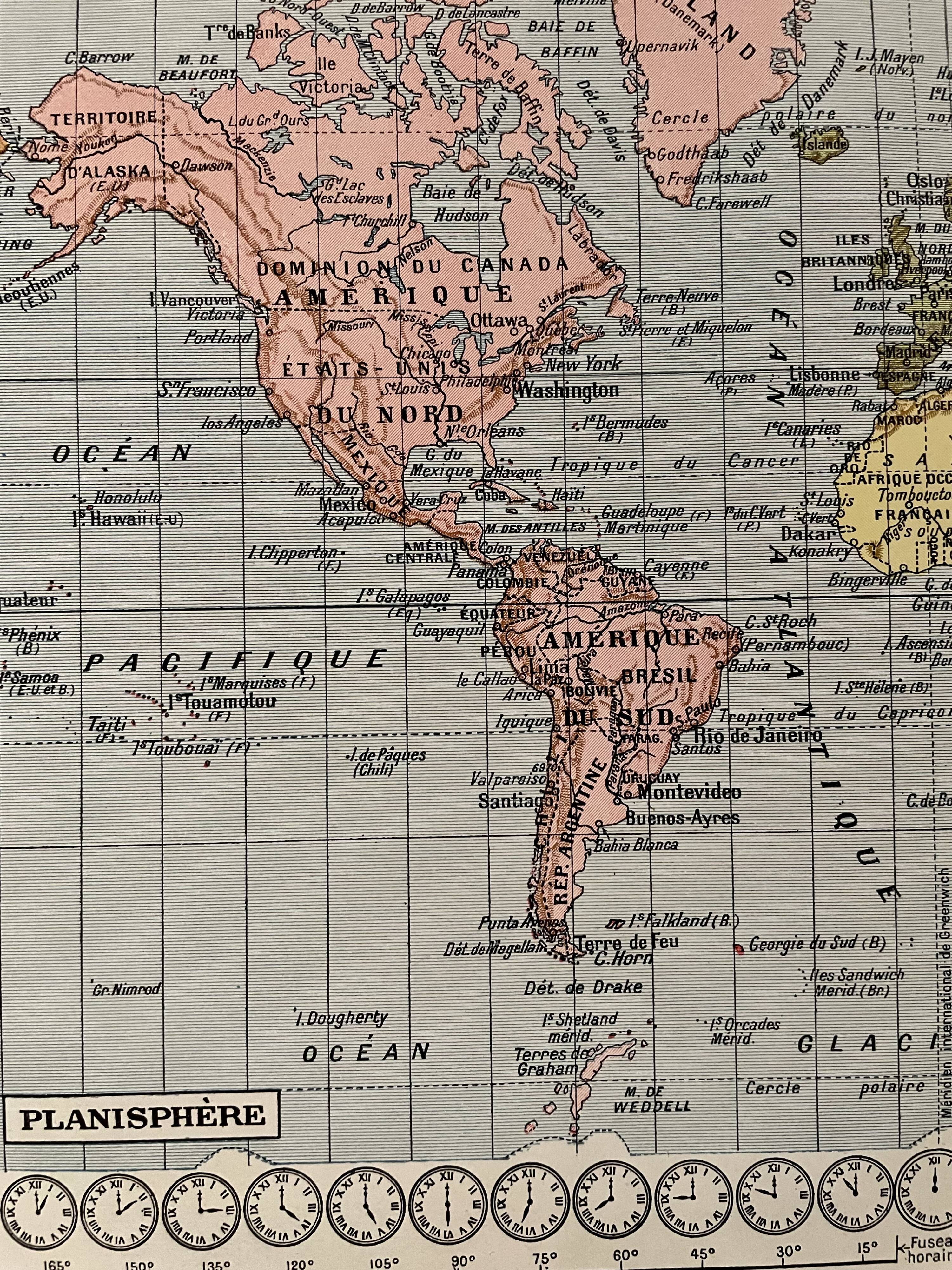 Lithographie planisphère carte de la Terre de 1928