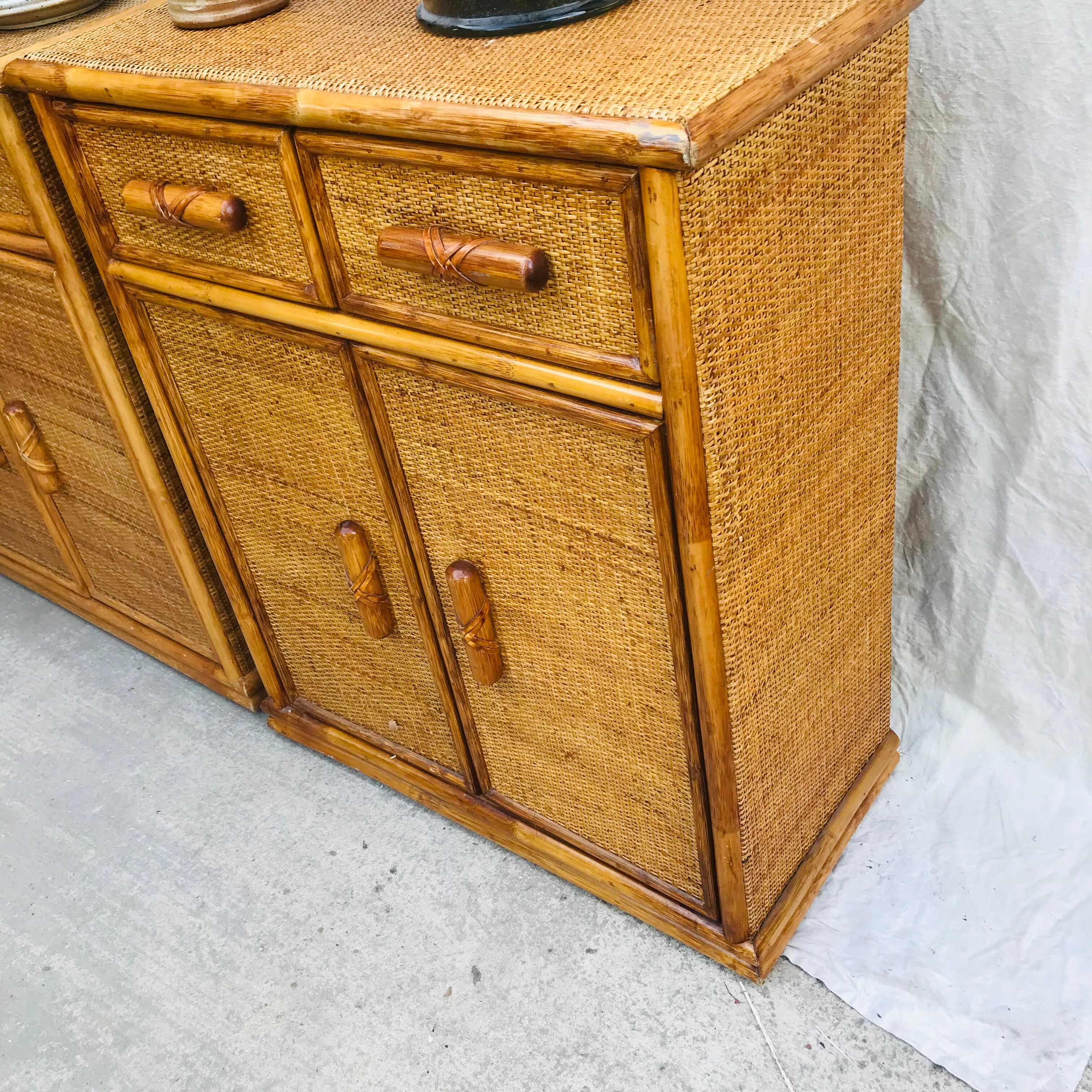 Pair of sideboards in rattan and wicker braided vintage 1970.