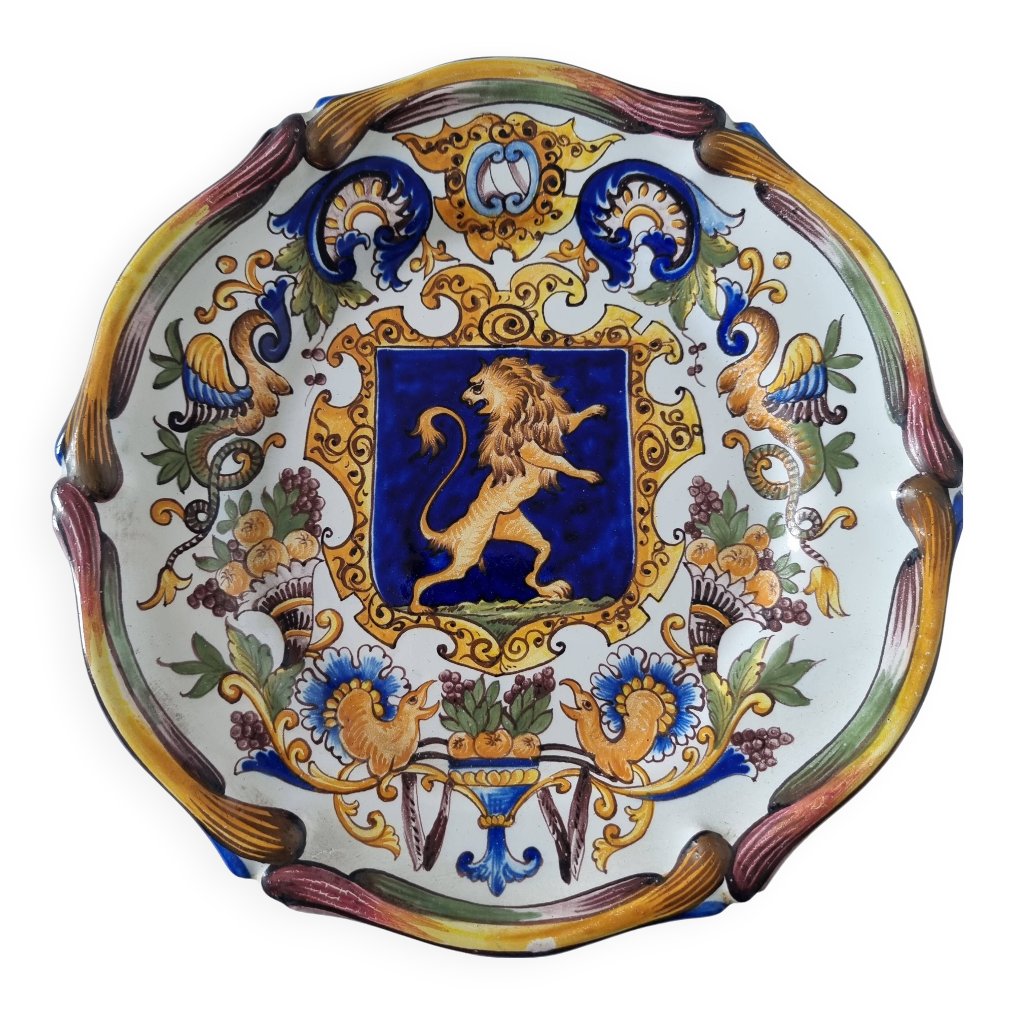 Magnificent antique French earthenware plate with shields signed Keller