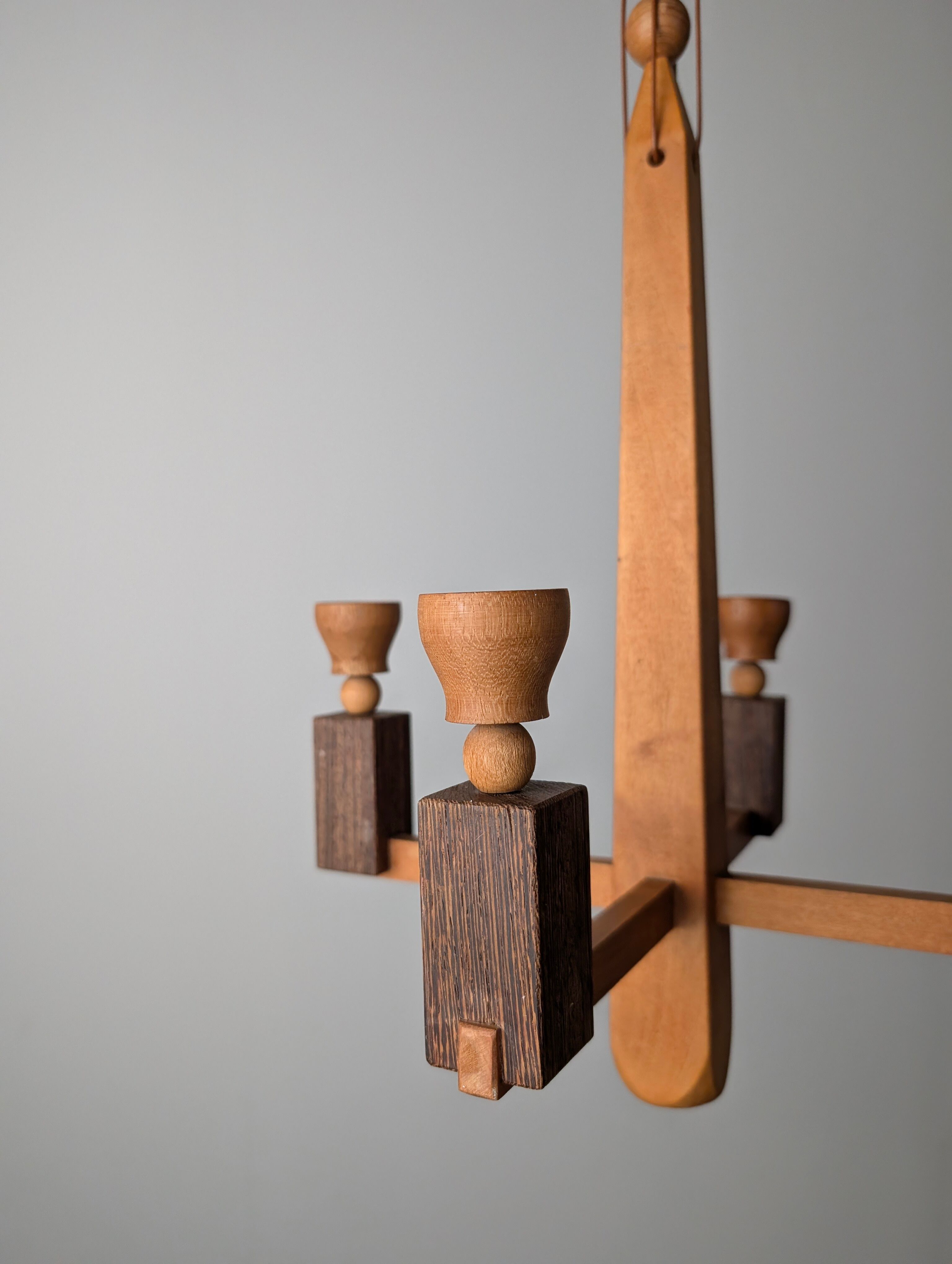 Danish hanging wooden candelabra, Art Deco style, 1970s