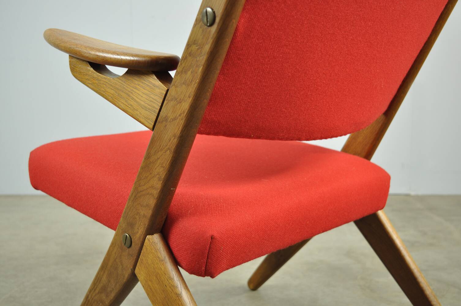 Classic Danish vintage scissor armchair by Arne Hovmand Olsen in OAK, 1960s