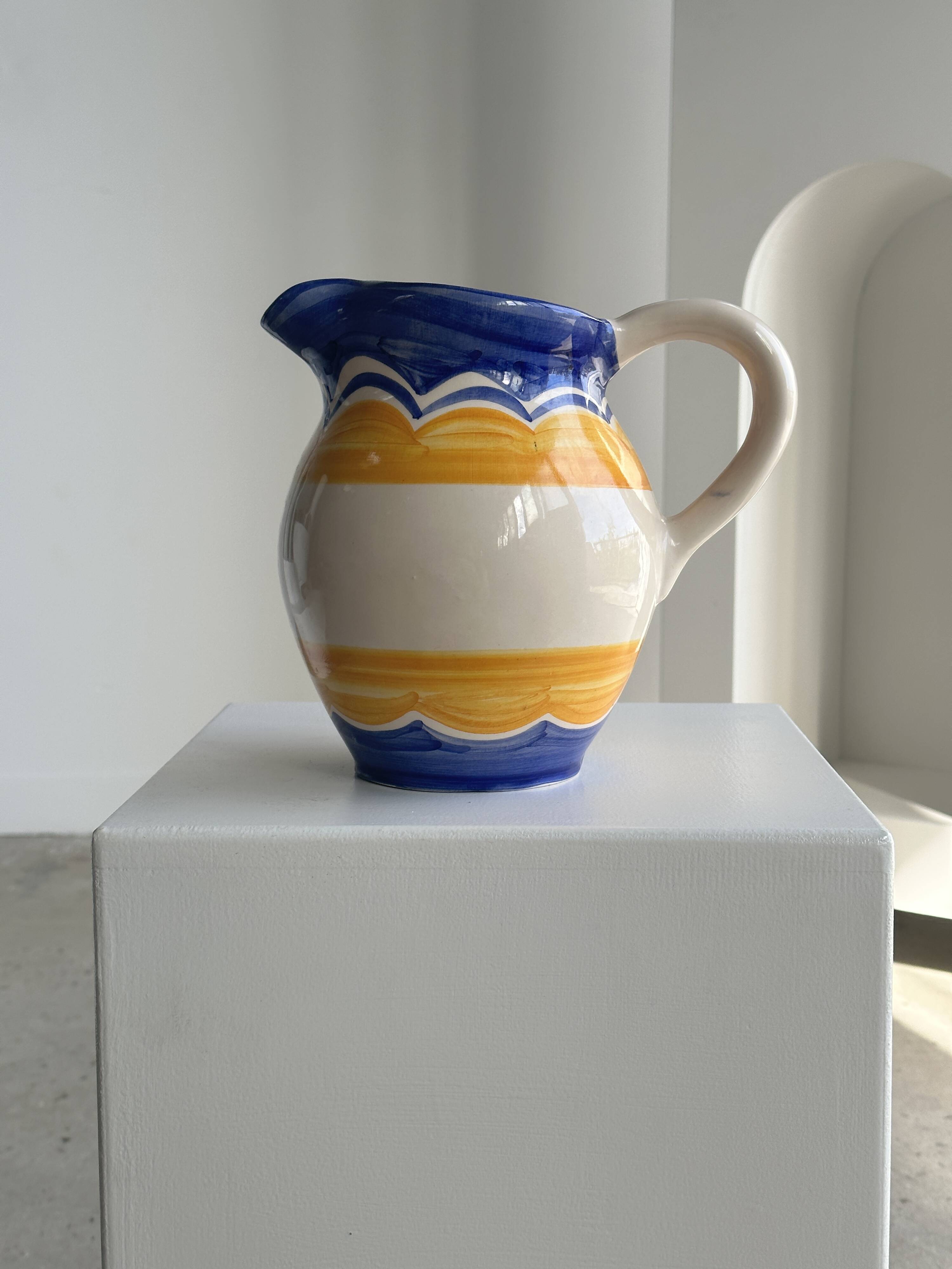 Large blue and yellow hand painted carafe H:20cm