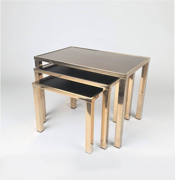Ensemble de 3 tables gigognes plaquées or 24 carats par Belgo Chrom, années 1970