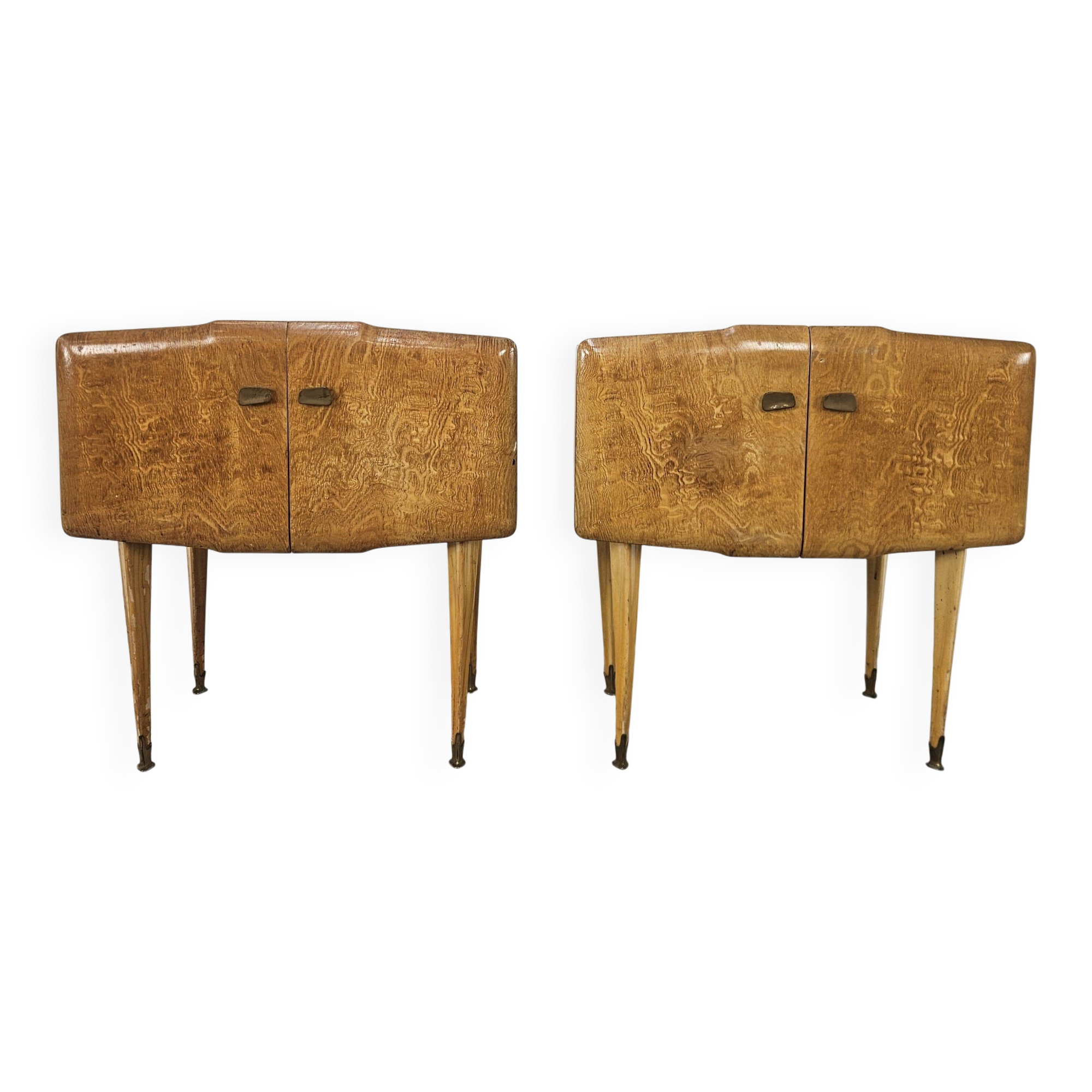 Pair of 1950s maple nightstands with mirrored tops