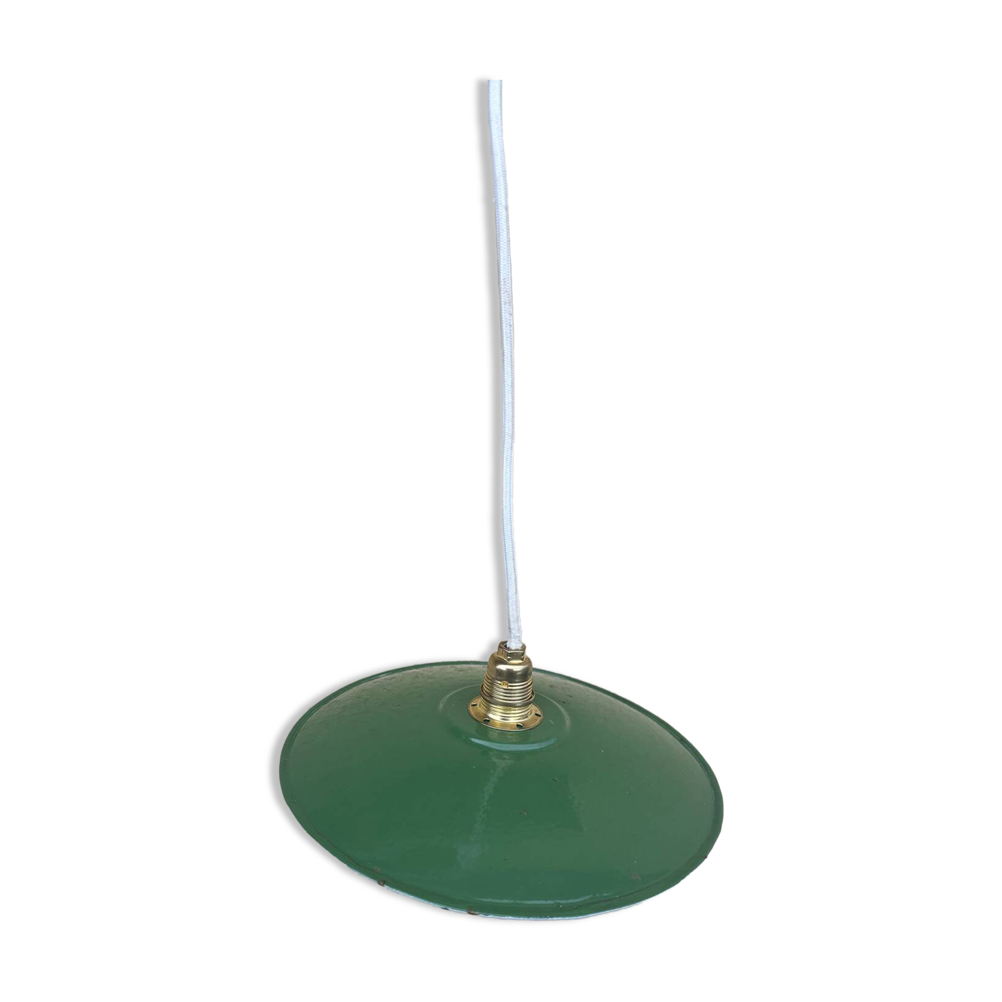 Vintage pendant light with green and white enamelled sheet metal lampshade and LED electricity