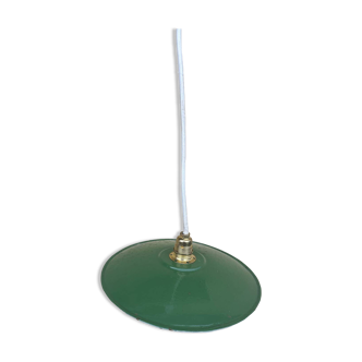 Vintage pendant light with green and white enamelled sheet metal lampshade and LED electricity