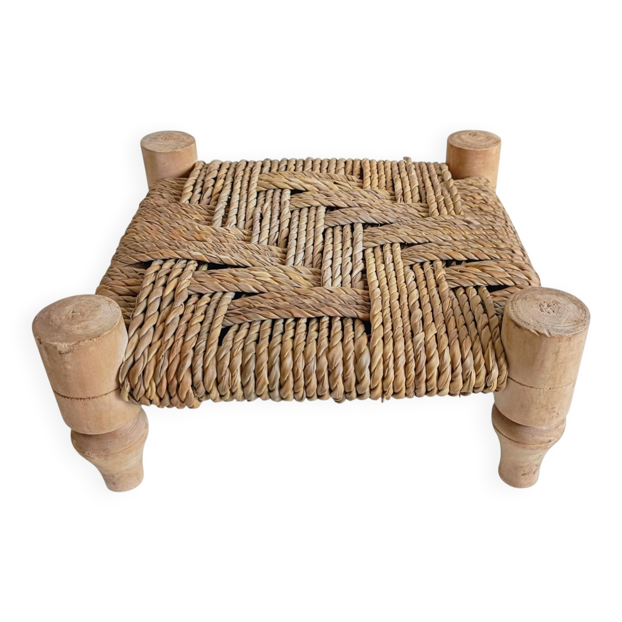 Organic Modern Turned Wood and Rope Footstool in the Style of Charlotte Perriand